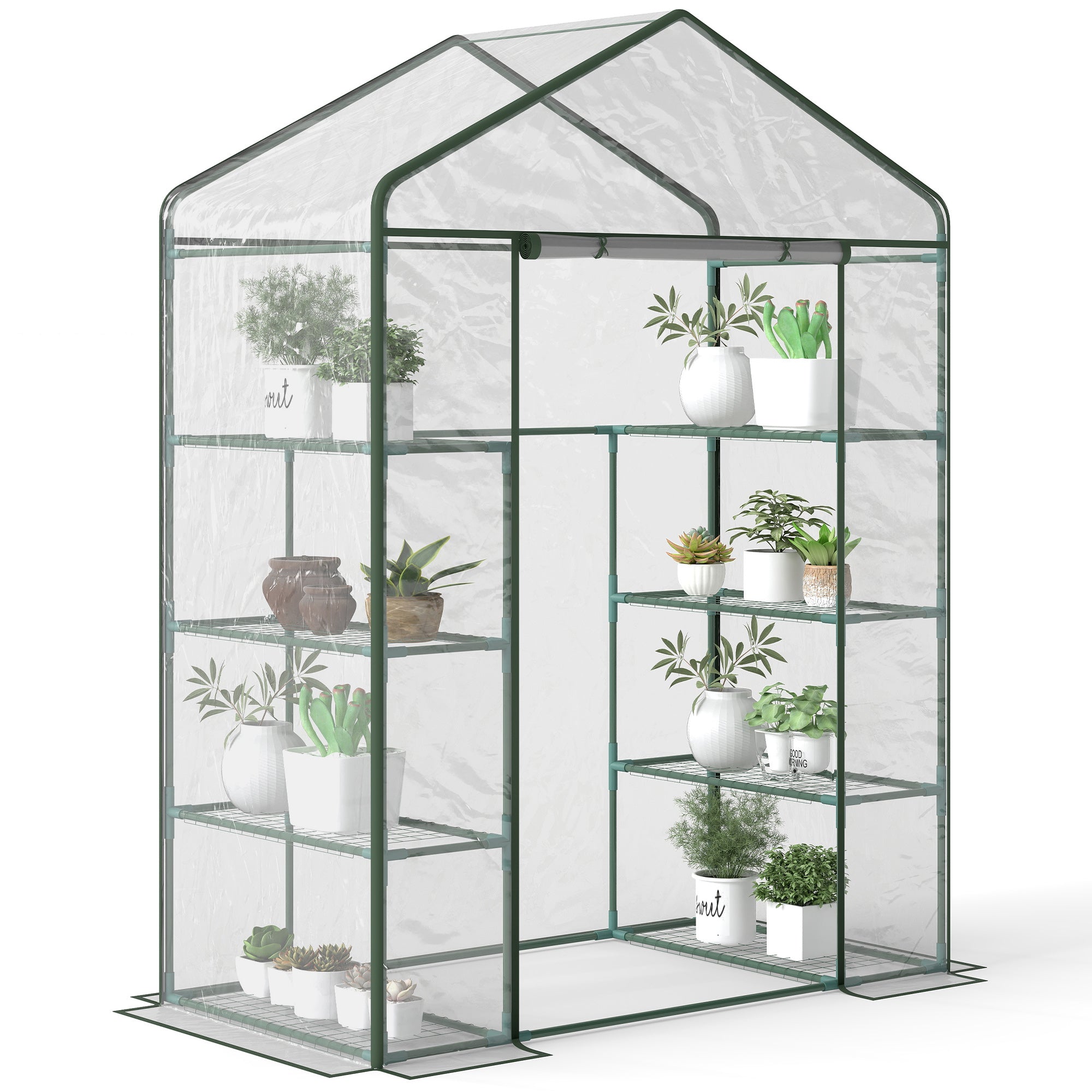 4 Tiers 8 Shelves Metal Frame Walk in Portable Greenhouse 143Lx73Wx195Hcm