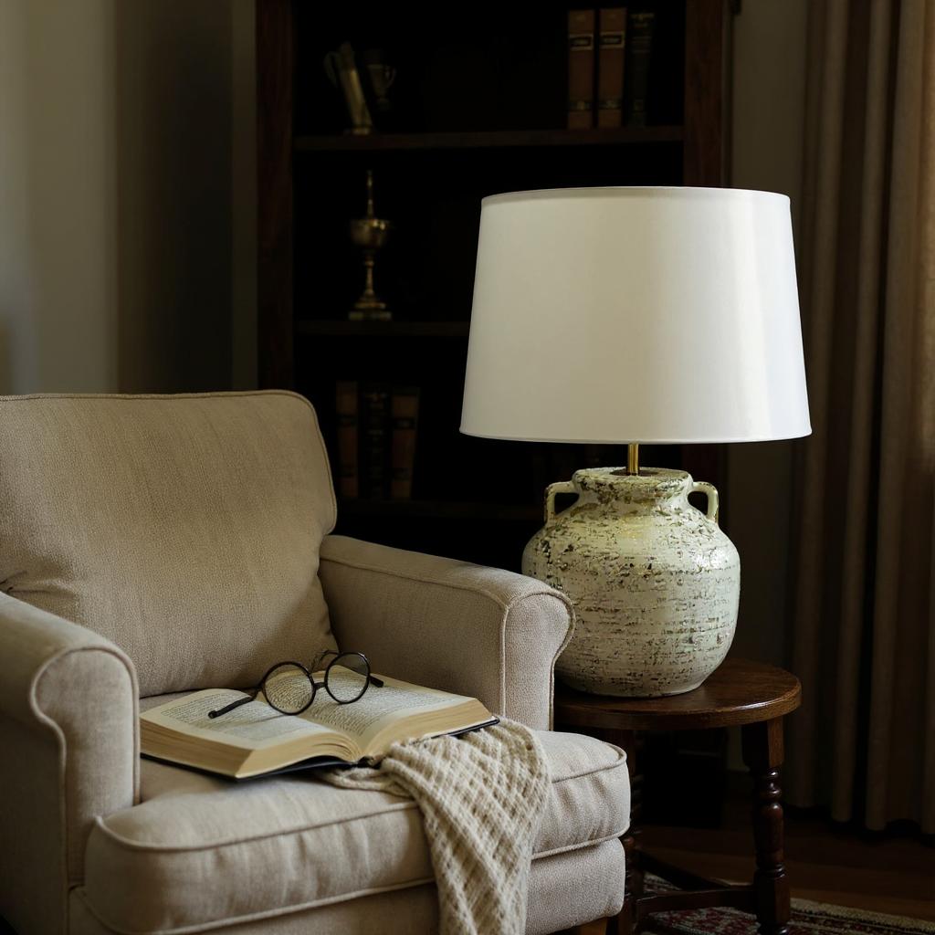 AcaciaHome Cream Ceramic Table Lamp with Drum Shade (Cora Vase - 63cm Shade)
