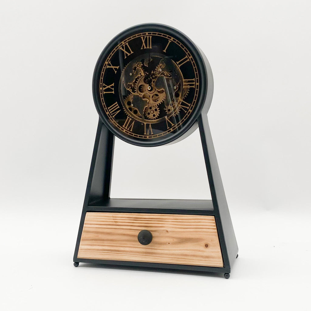AcaciaHome Sleek Black & Gold Mantel Gear Clock with Silent Sweep