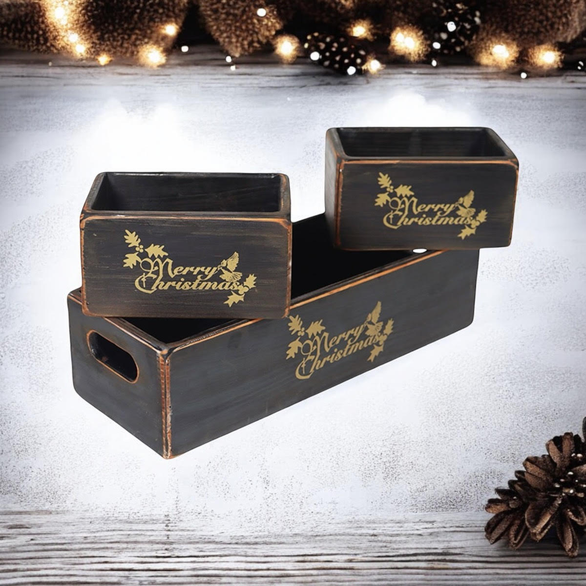 AcaciaHome Stylish and Vintage Wooden Merry Christmas Storage Crate Set (Light Black)