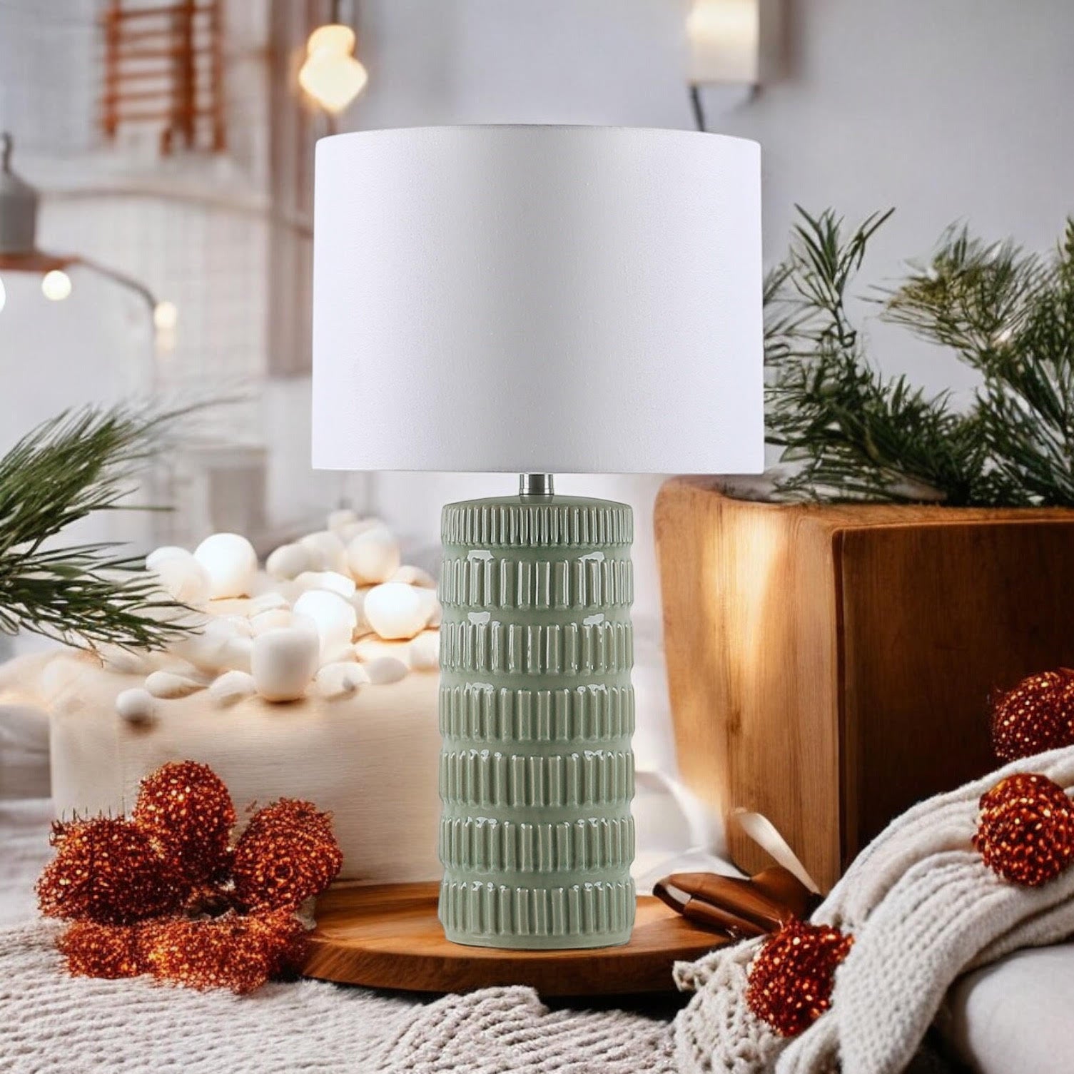 Cream Ceramic Table Lamp with Drum Shade (Floral Vase - 63cm Shade)