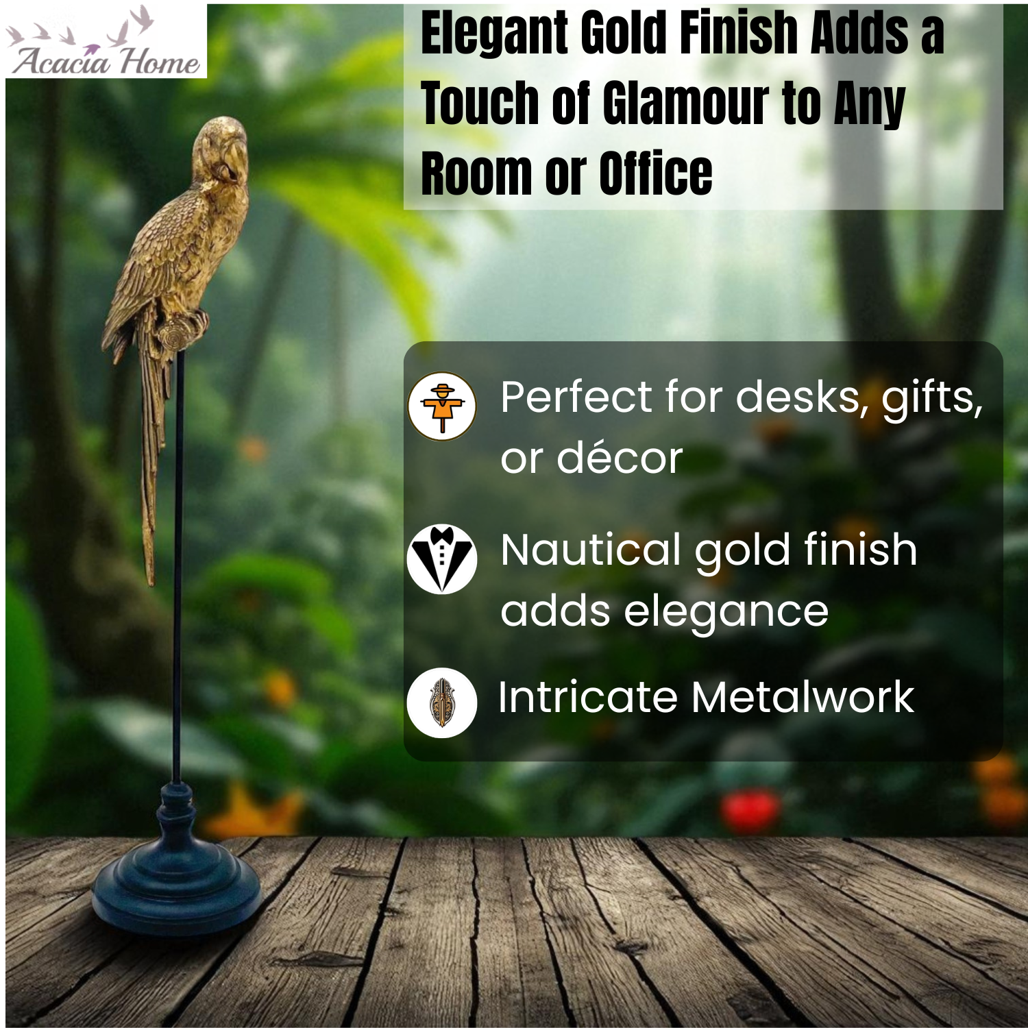 AcaciaHome Modern and Luxurious XL Very Tall Gold Parrot Ornament Sculpture
