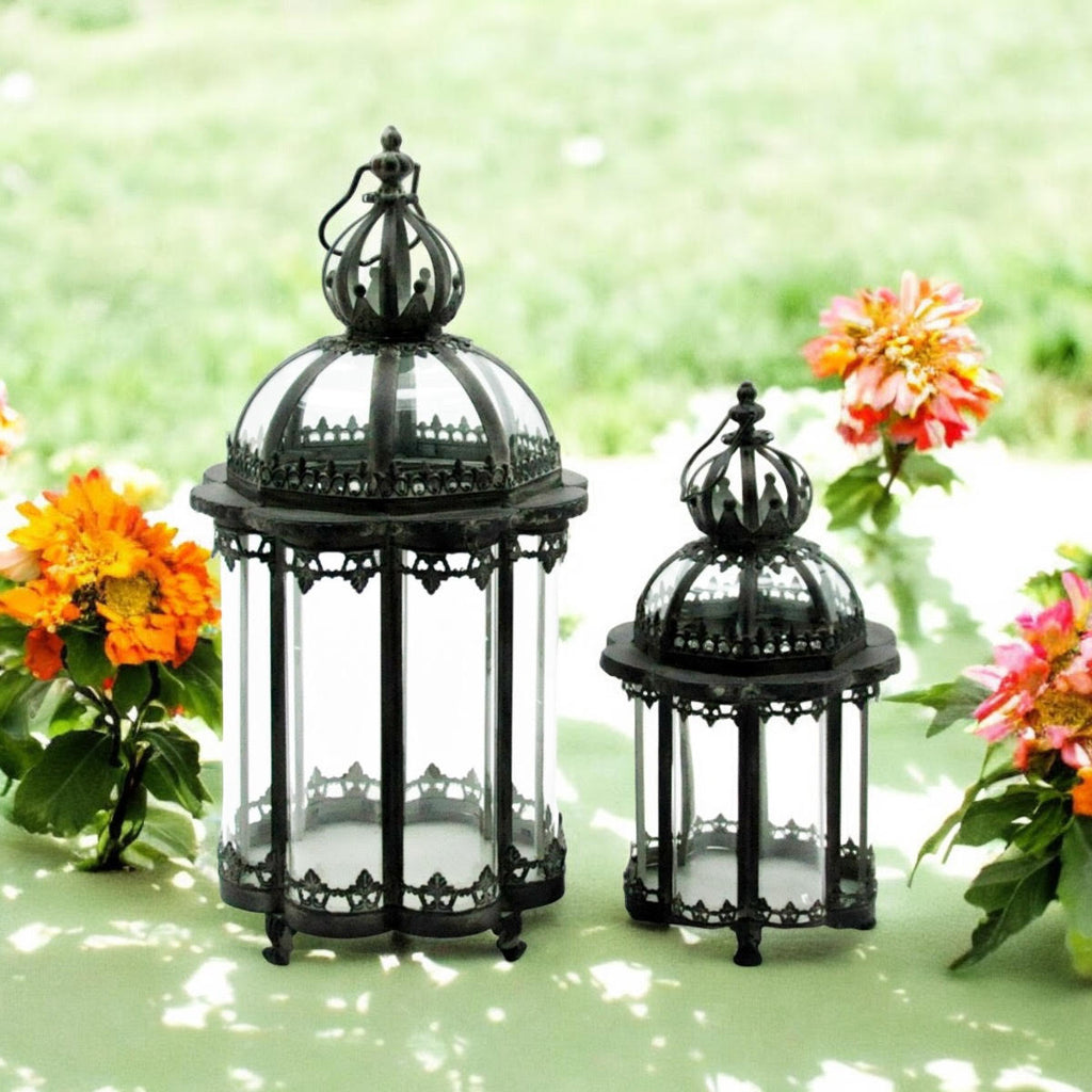 Stylish Set of 2 Metal Grey Tealight Lantern Holders