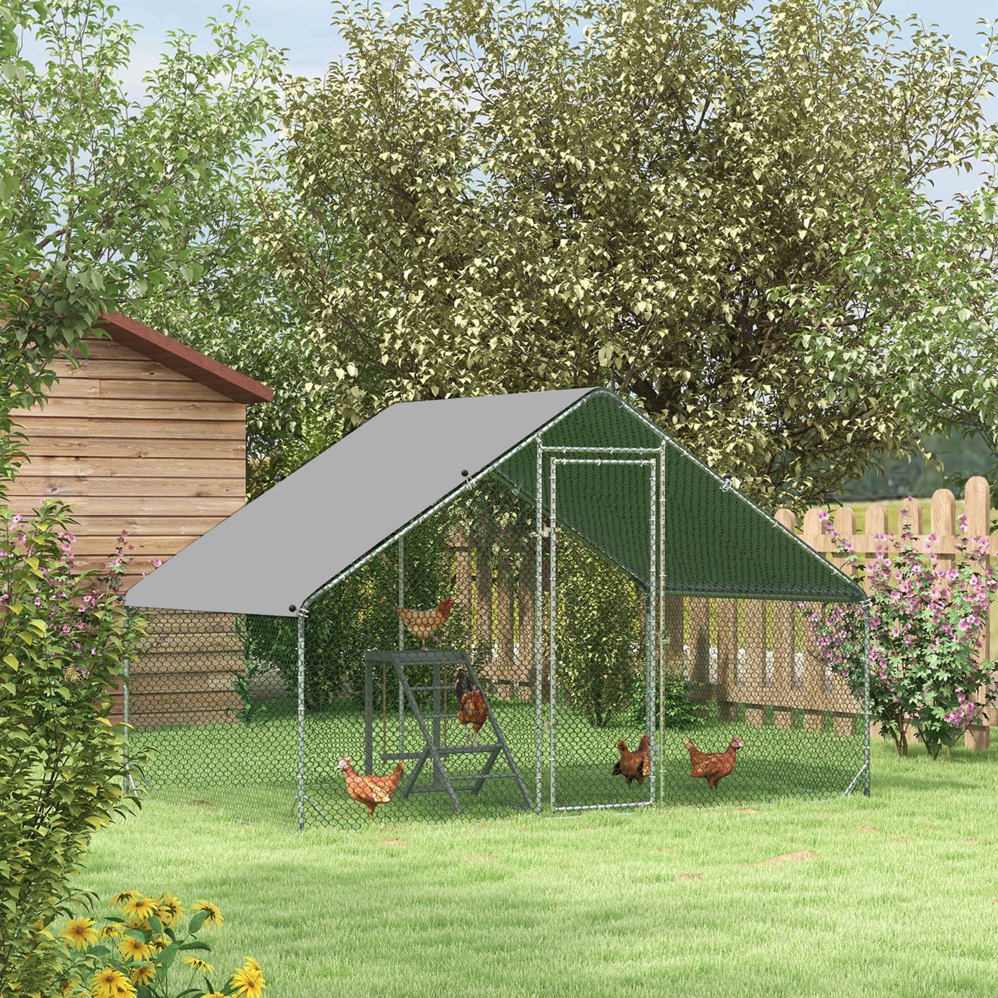 Walk In Chicken Run Galvanized Chicken Coop Hen House w/ Water-Resist Cover