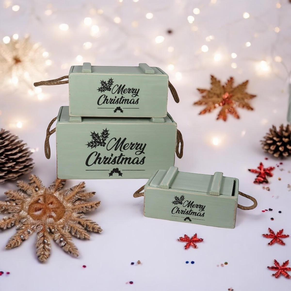 AcaciaHome Stylish and Vintage Wooden Merry Christmas Storage Crate Set (Green)