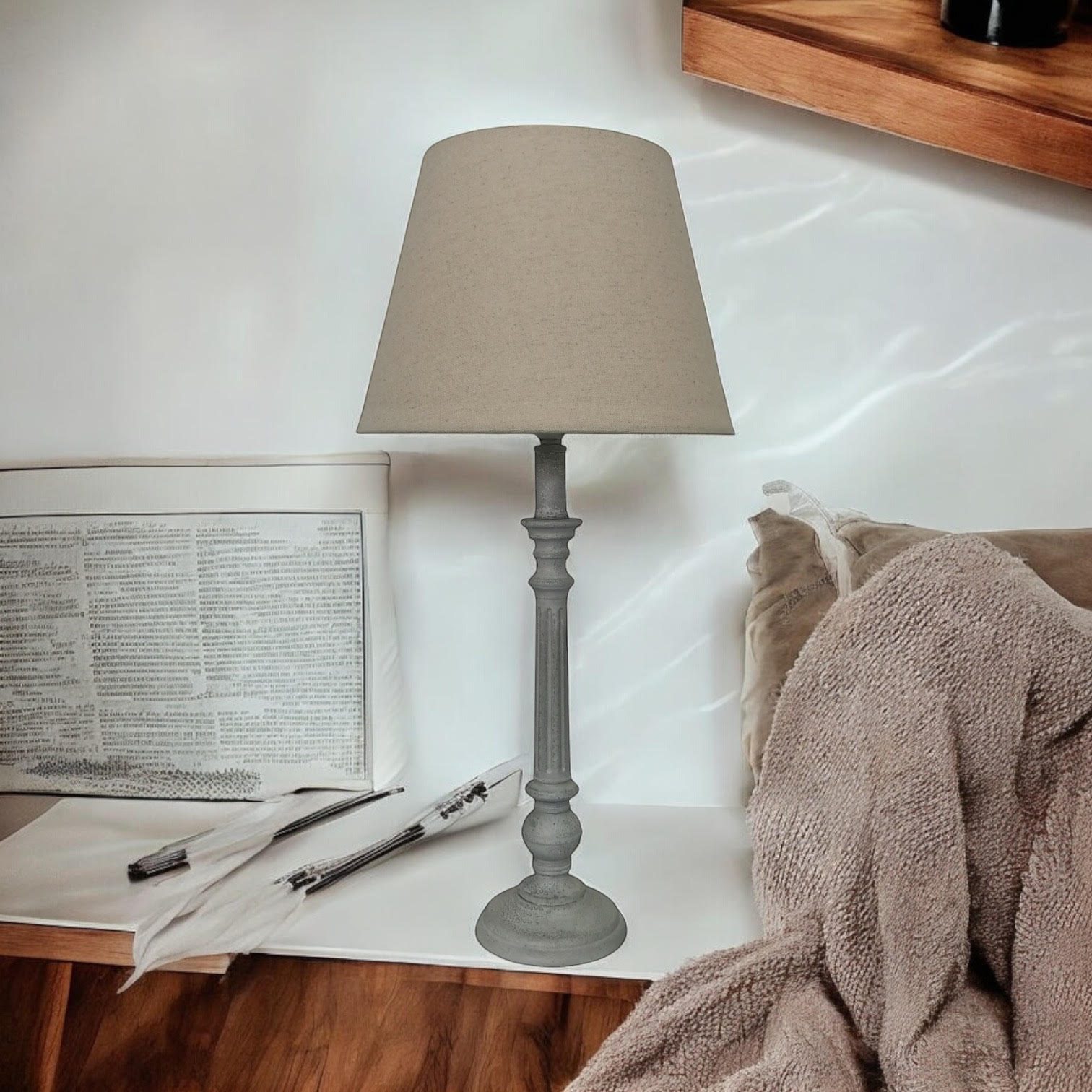 Modern Tall Wooden Washed Table Lamp (32cm Multicoloured with Shade)