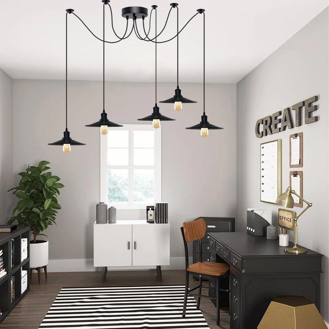 Black Vintage 5 Head Cone shaped shade Ceiling Pendant Light Fitting
