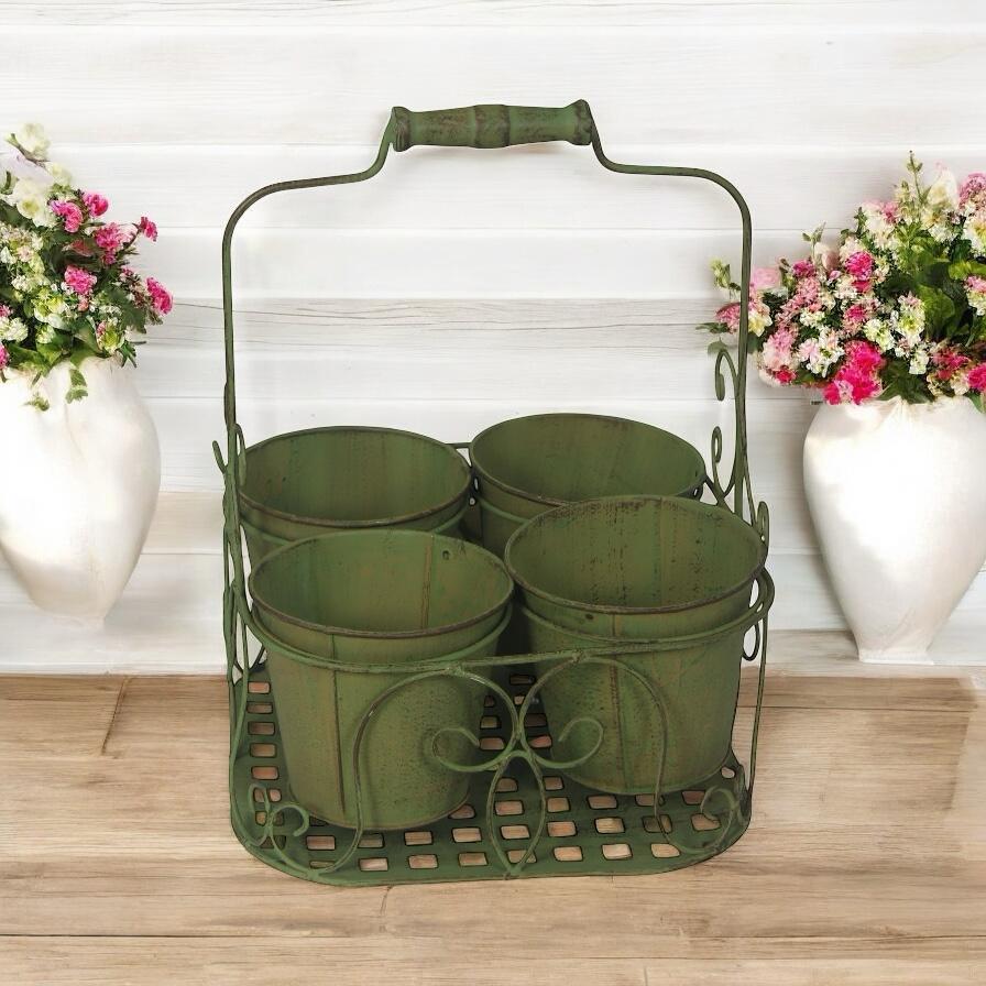 AcaciaHome Stylish Medium-Sized Double Plant Pot Basket Holder Metal Display Rack (Green)