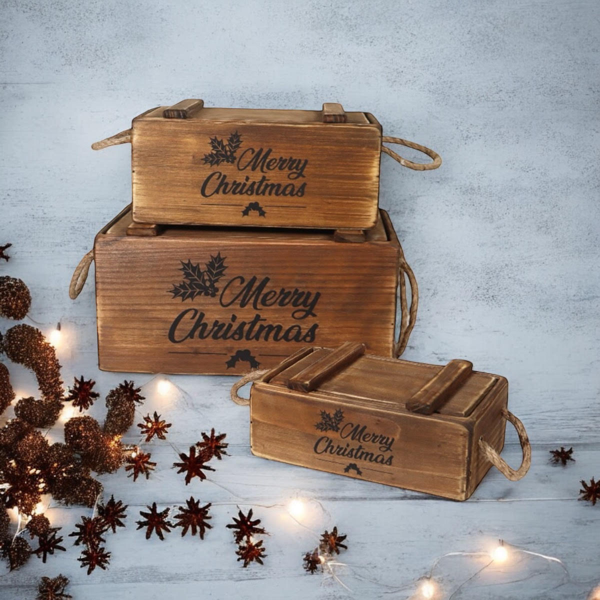 AcaciaHome Stylish and Vintage Wooden Merry Christmas Storage Crate Set (Brown)