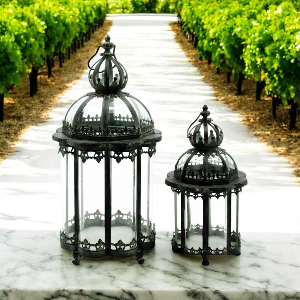 Stylish Set of 2 Metal Grey Tealight Lantern Holders