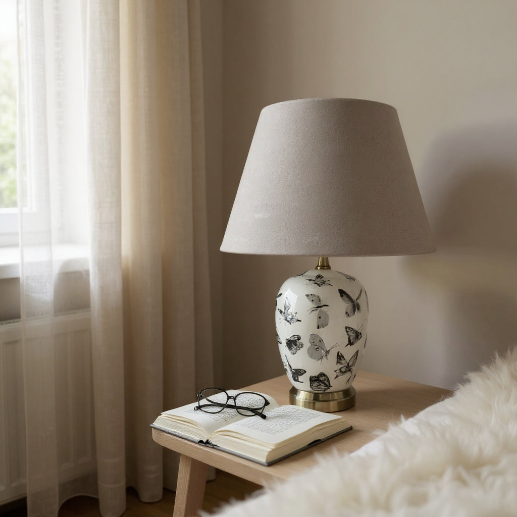 Oriental Design Large Floral Ceramic Table Lamp with Drum Shade (50cm Black White Butterfly)