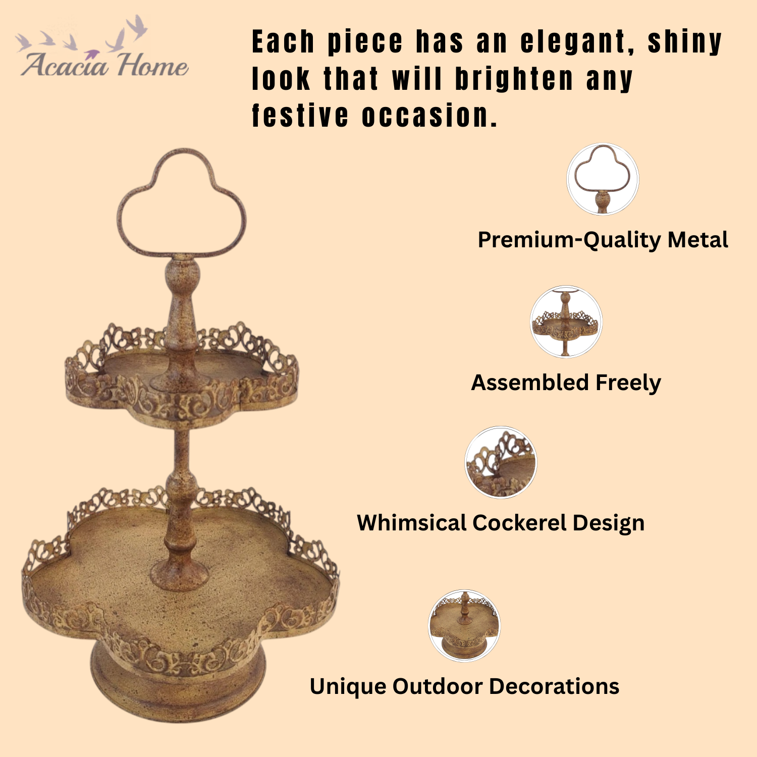 AcaciaHome Rusty 2-Tier 48cm Metal Plant & Cake Stand