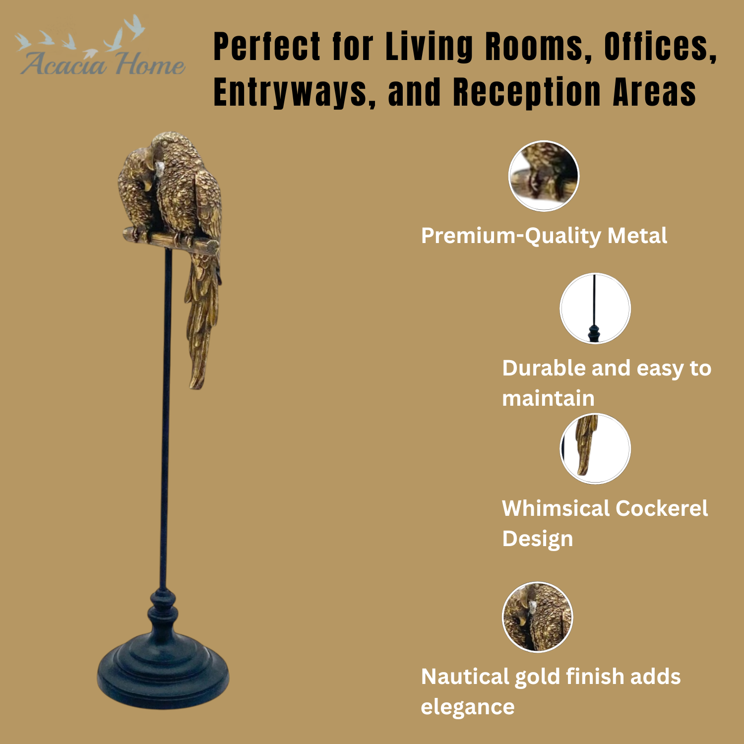AcaciaHome Modern and Luxurious XL Very Tall Gold Parrot Ornament Sculpture