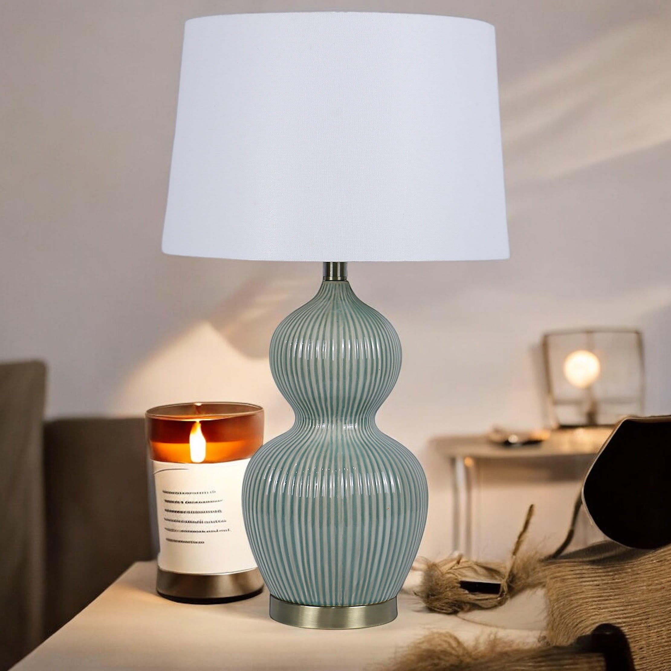 Cream Ceramic Table Lamp with Drum Shade (3 Layer - with 59cm Shade)