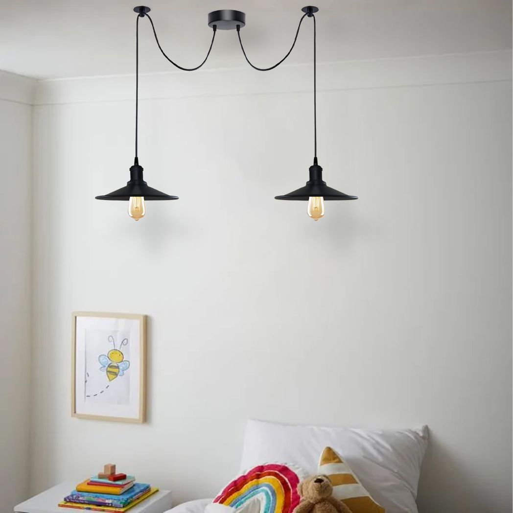 Black Vintage 2 Head Cone shaped shade Ceiling Pendant Light Fitting