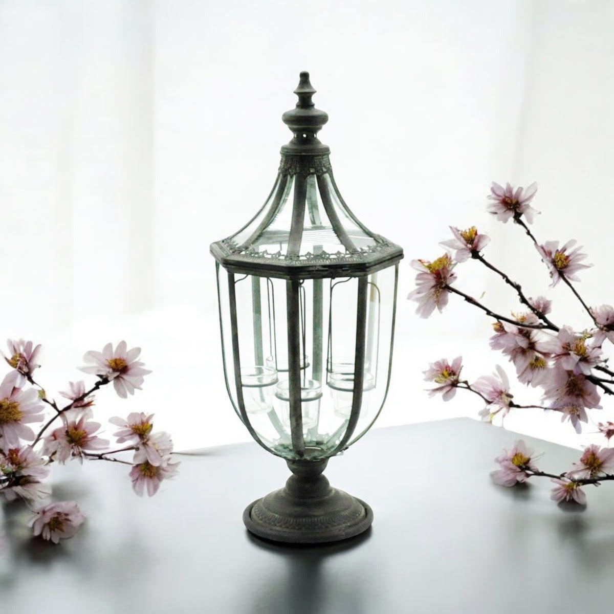 Stylish 77cm Grey Metal Glass Candle Lantern