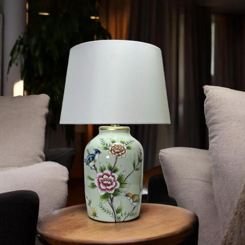 AcaciaHome 44cm Large Floral Ceramic Table Lamp with White Drum Shade