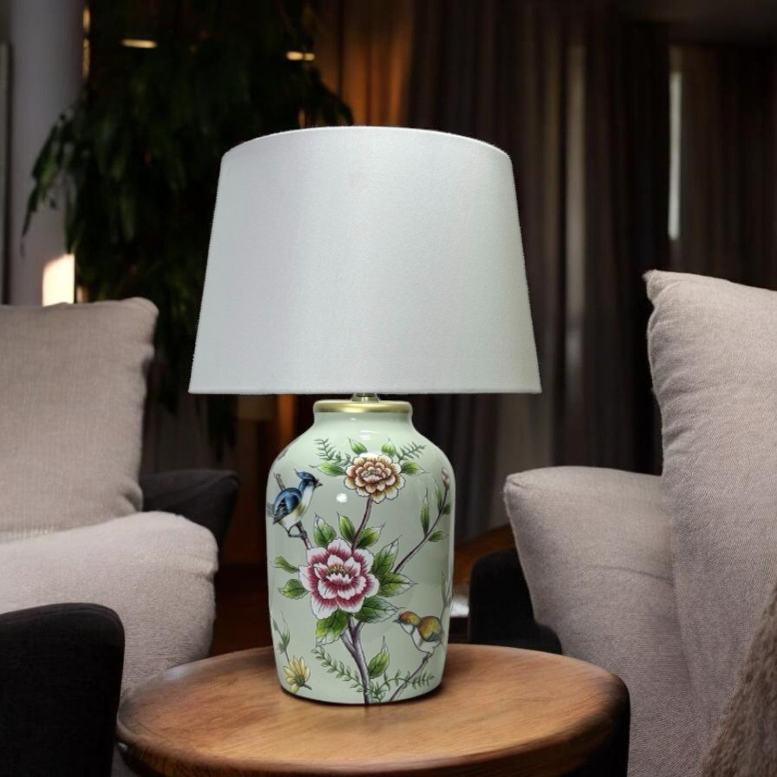 AcaciaHome 44cm Large Floral Ceramic Table Lamp with White Drum Shade