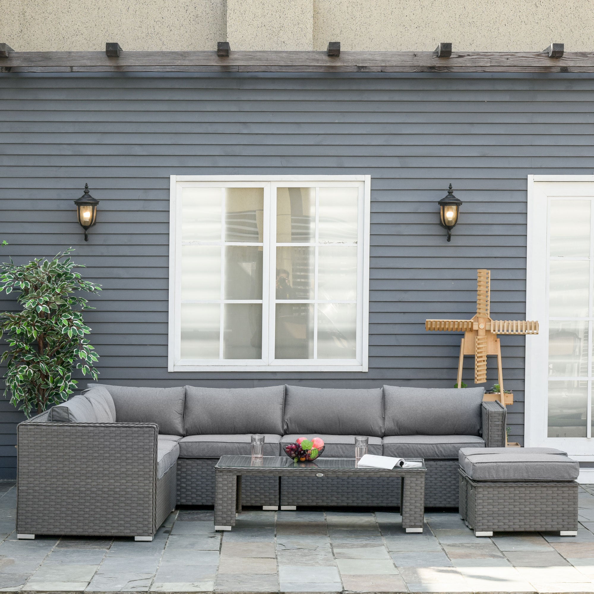 6 PCs PE Rattan Wicker Corner Sofa Set Coffee Table Footstool w/ Cushion - Grey