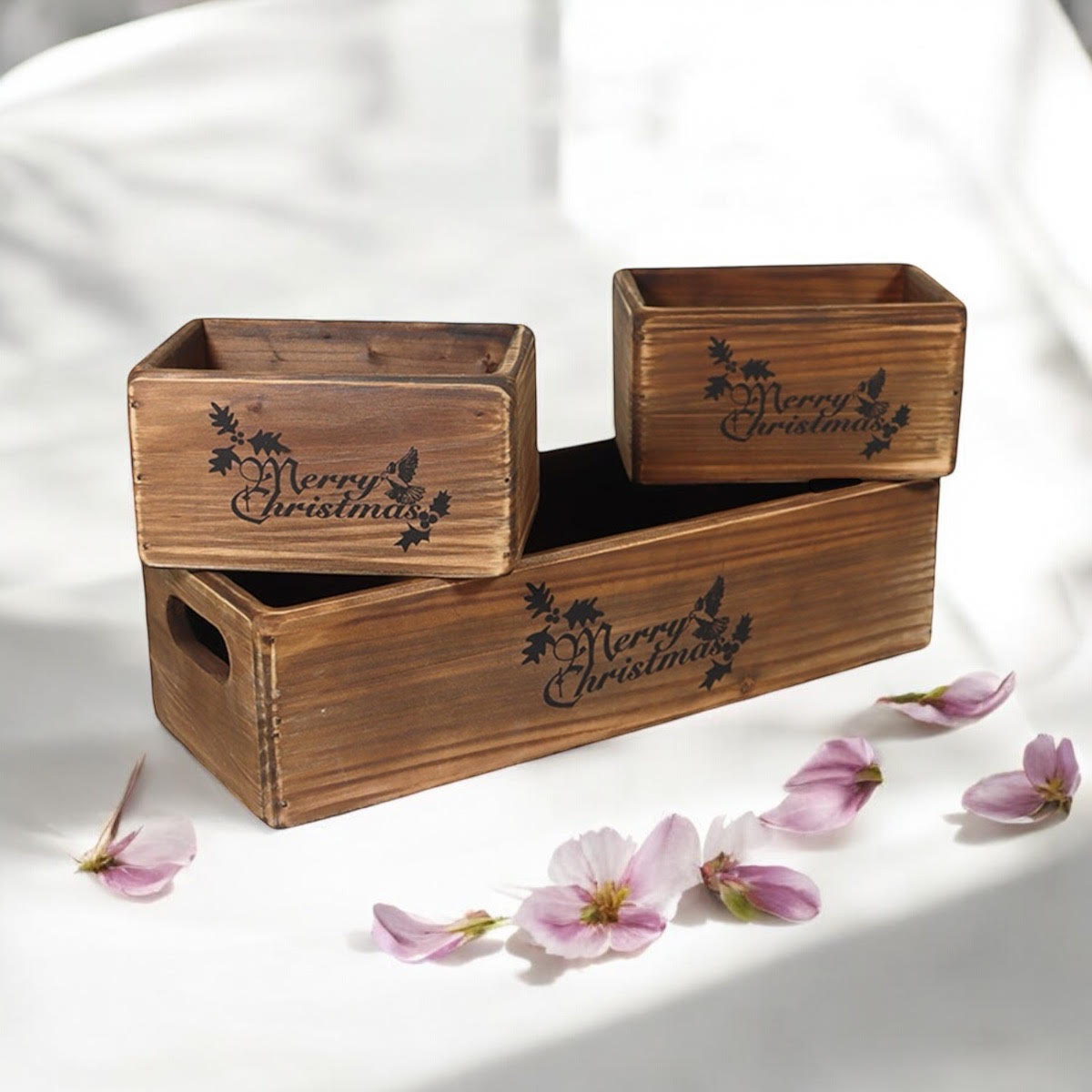 AcaciaHome Stylish and Vintage Wooden Merry Christmas Storage Crate Set (Dark Brown)