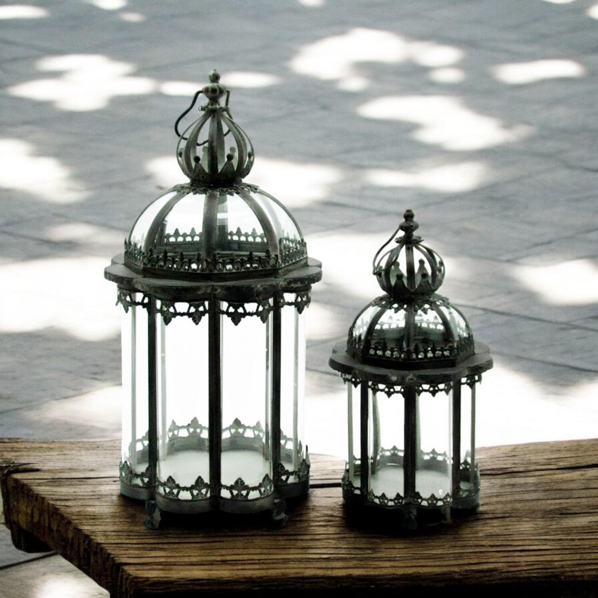 Stylish Set of 2 Metal Grey Tealight Lantern Holders