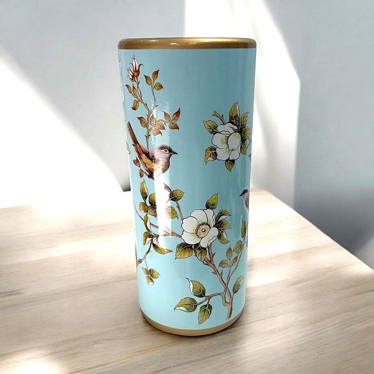 Classic Ceramic Round 18” Tall Umbrella Stand (Blue with Bird Design)