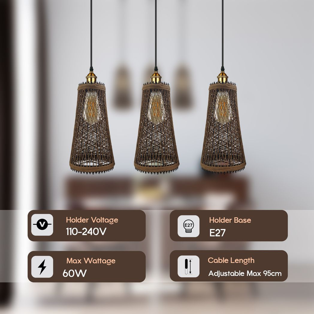 3 Head Natural Wicker Basket Style Retro Industrial Vintage Rattan Ceiling Pendant