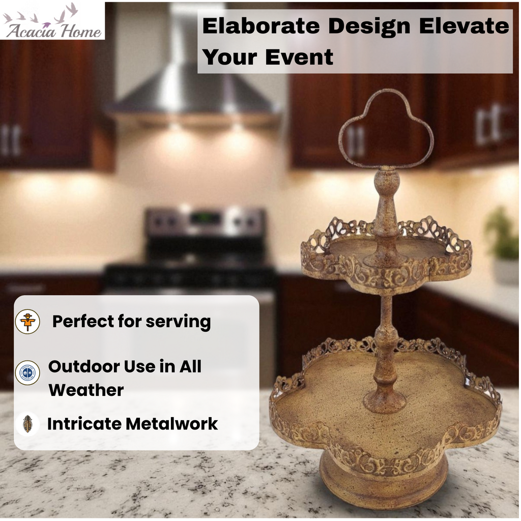 AcaciaHome Rusty 2-Tier 48cm Metal Plant & Cake Stand