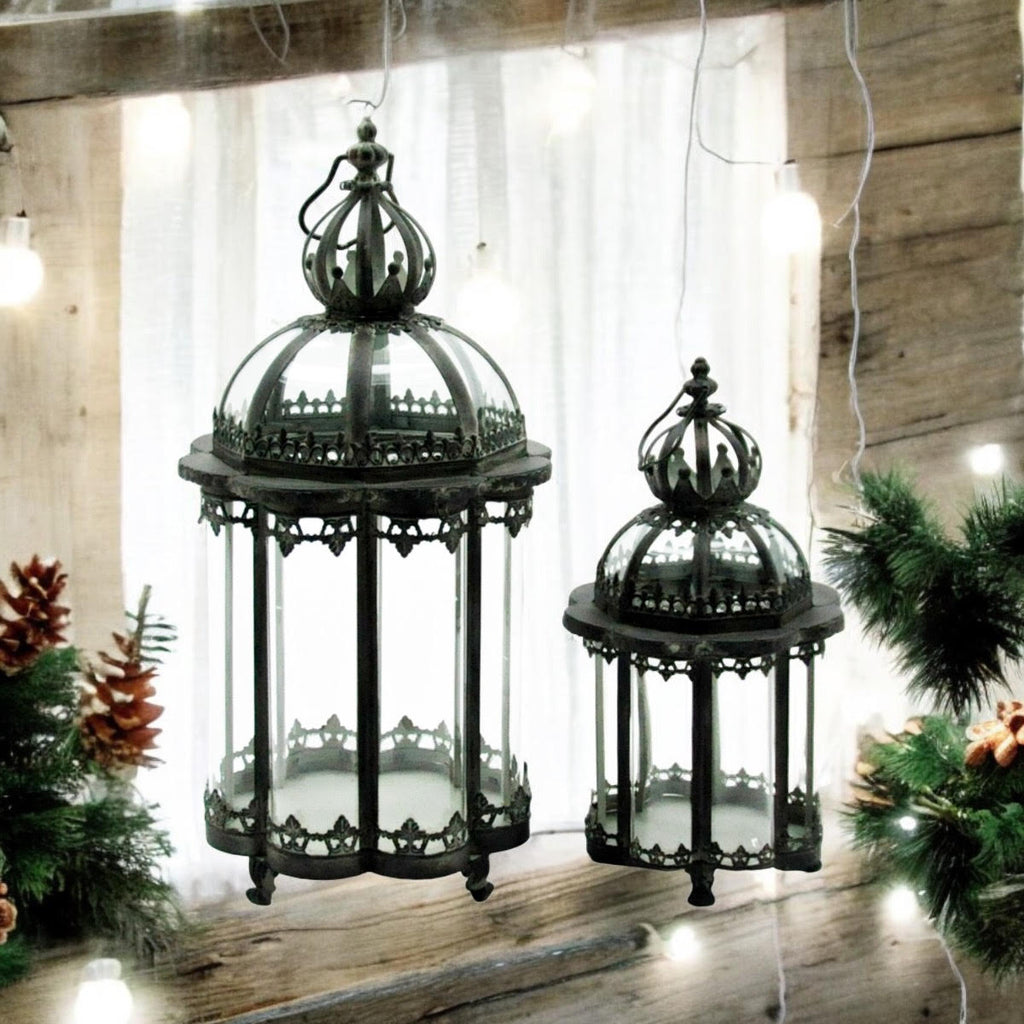 Stylish Set of 2 Metal Grey Tealight Lantern Holders