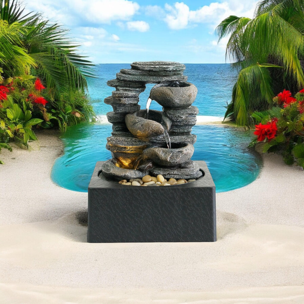 Water Feature Indoor Outdoor LED Fountain (Round Grey Waterfall)
