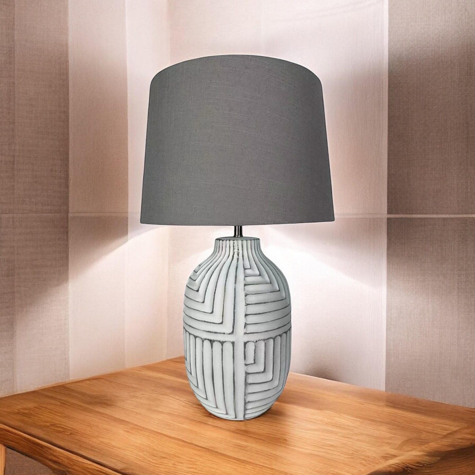 Oriental Design Large Floral Ceramic Table Lamp with Drum Shade (50cm Stone Look)