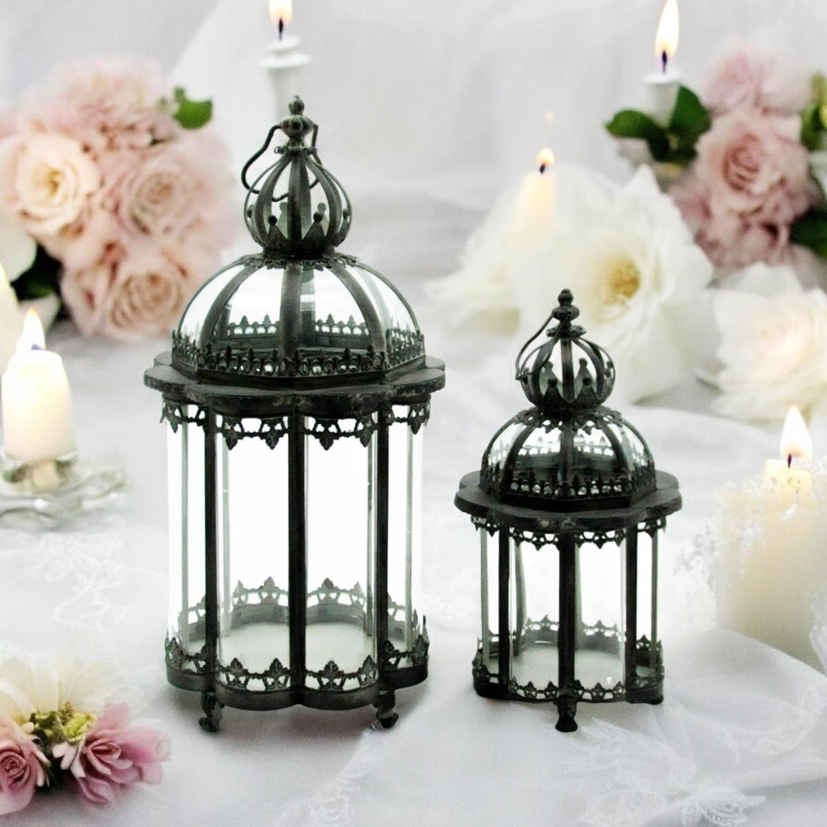 Stylish Set of 2 Metal Grey Tealight Lantern Holders