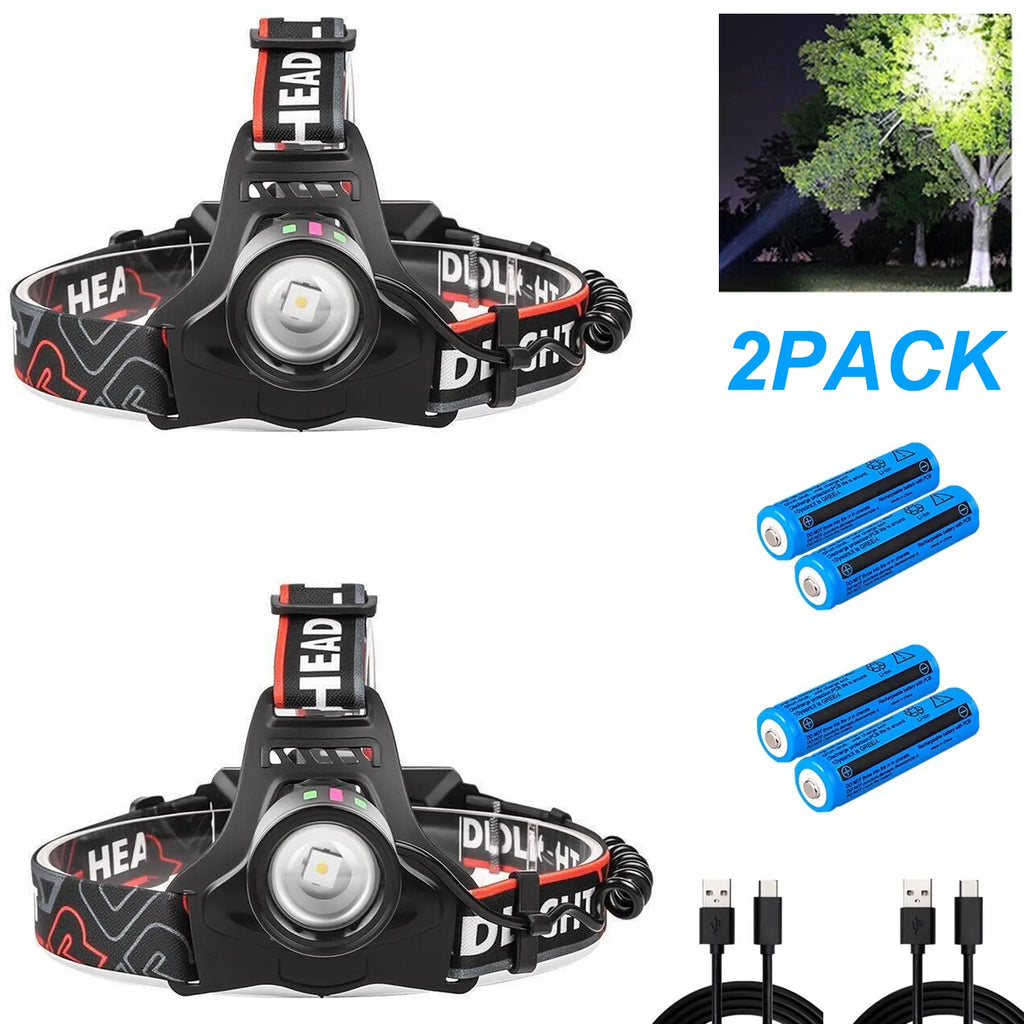 (2 Pack)USB Rechargeable LED Headlamp Zoomable 3-Modes Camping Hiking HeadLamp Worklight