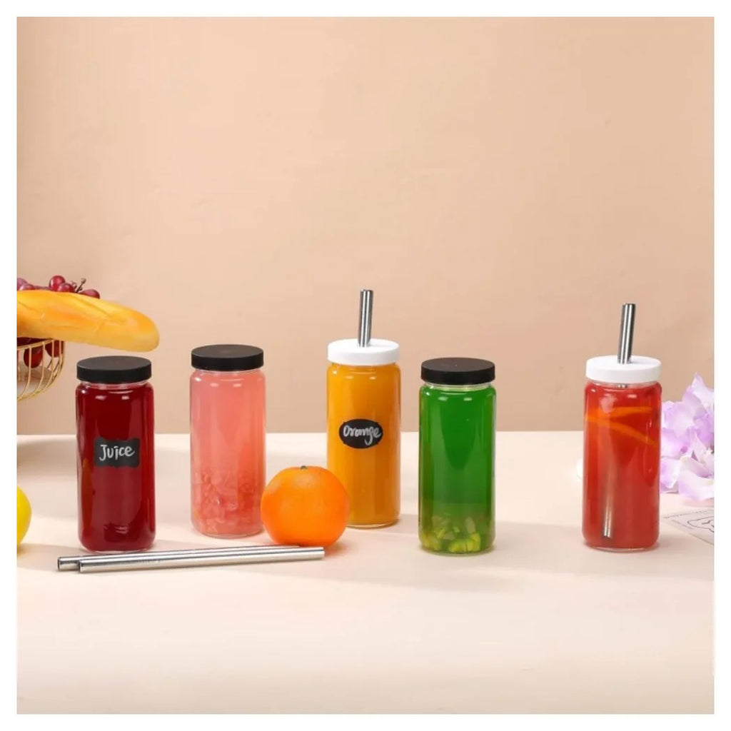 16Oz 4pcs Pack Juice Bottles, Glass Bottles with Lids, Smoothie Cup Lids and Straw