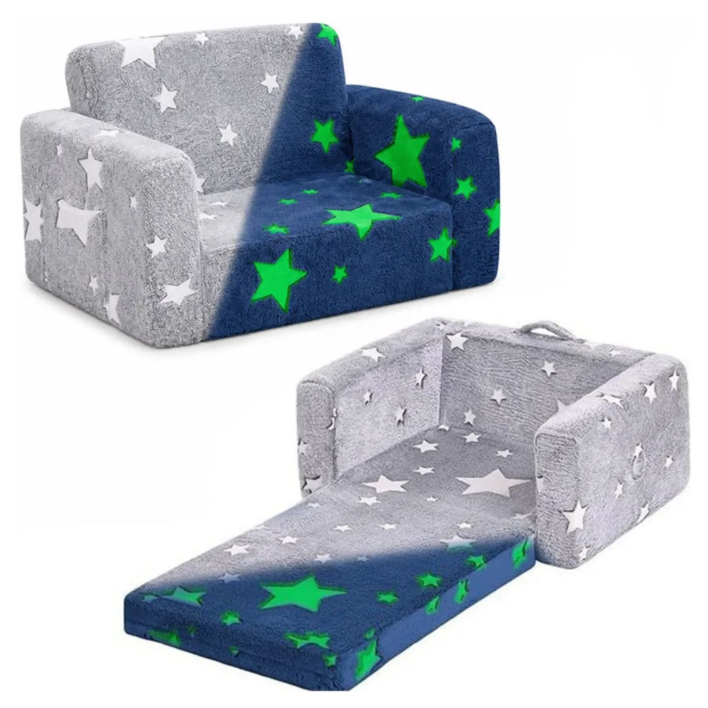 2-in-1 Convertible Toddler Fold Out Sofa Bed with Washable CoverSofa & Glowing Star, Baby Armchair Couch Bed