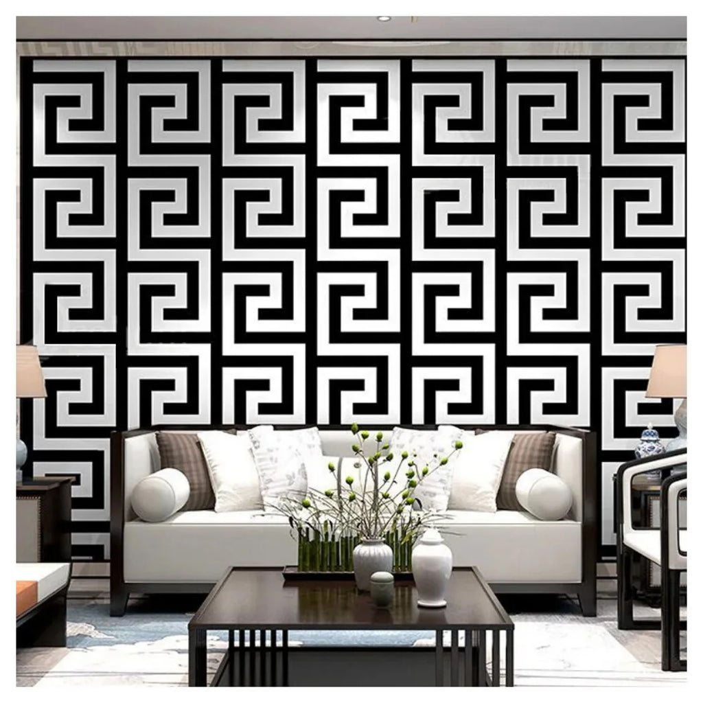 Debona Athena Greek Key Metallic Glitter Wallpaper All Colours-White Black