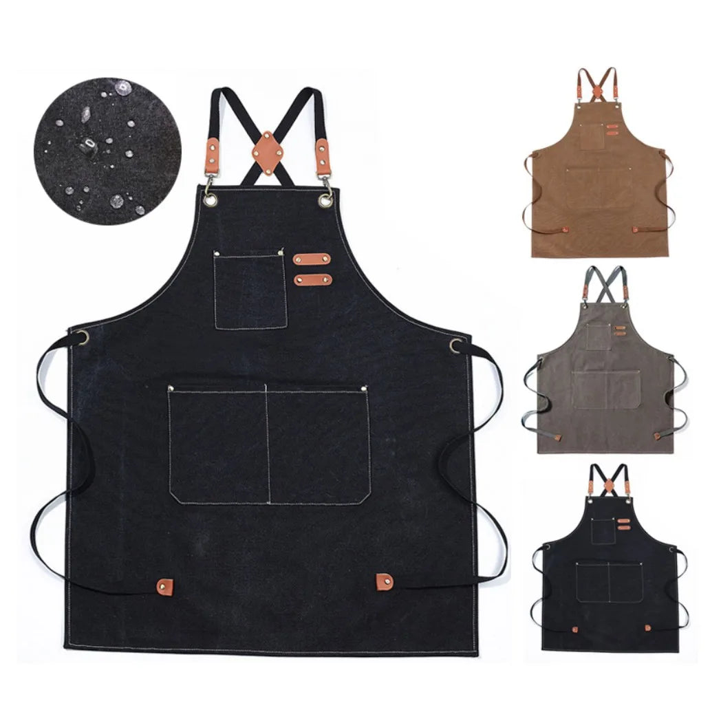 Kitchen Cooking BBQ Plain Denim Canvas Pocket Apron Butcher Crafts Baking Chefs-Black