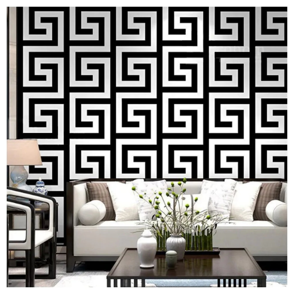 Debona Athena Greek Key Metallic Glitter Wallpaper All Colours-White Black