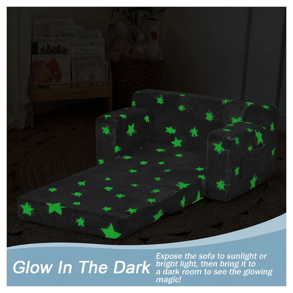 2-in-1 Convertible Toddler Fold Out Sofa Bed with Washable CoverSofa & Glowing Star, Baby Armchair Couch Bed