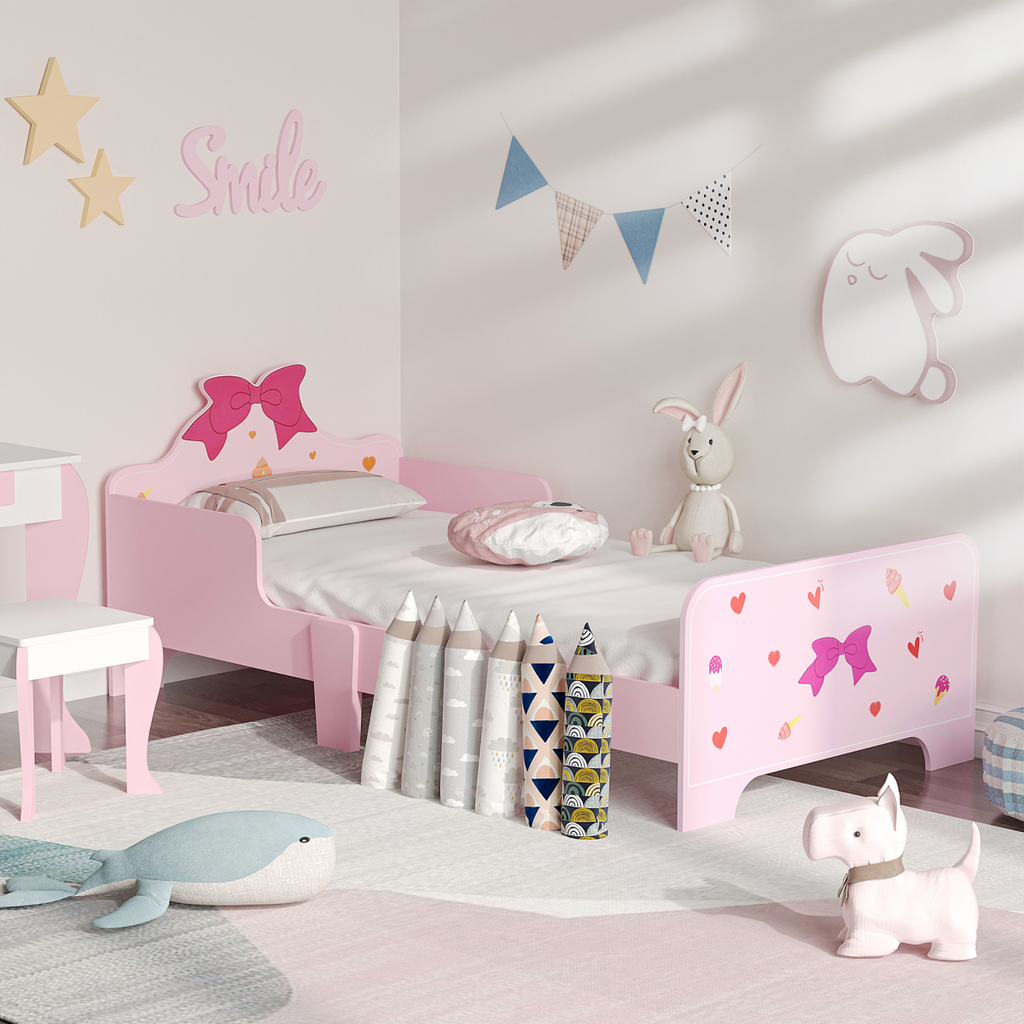Princess-Themed Kids Toddler Bed with Cute Patterns, Safety Rails - Pink