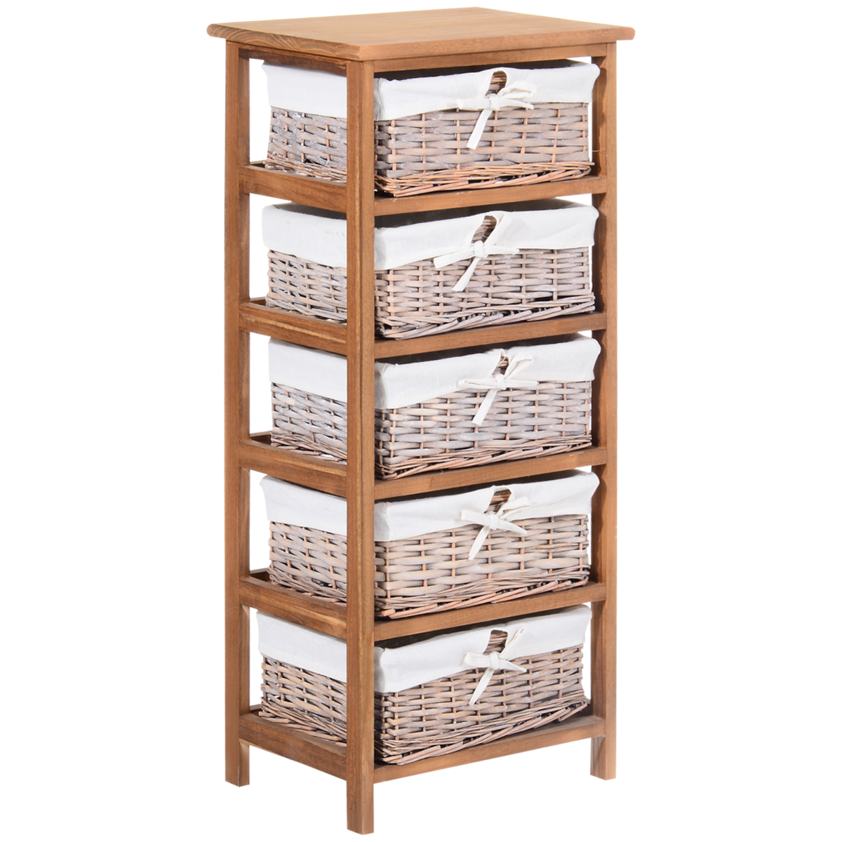 5-Drawers Storage Unit Wooden Frame with Wicker Woven Baskets