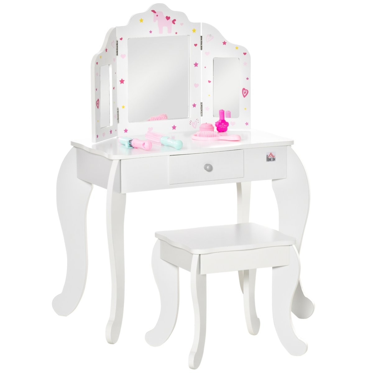 Kids Vanity Table & Stool Girls Dressing Set w/ Rotatable Mirror Drawer HOMCOM