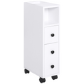 Slimline Bathroom Storage Unit with 2 Drawers 2 Open Compartments Wheels White