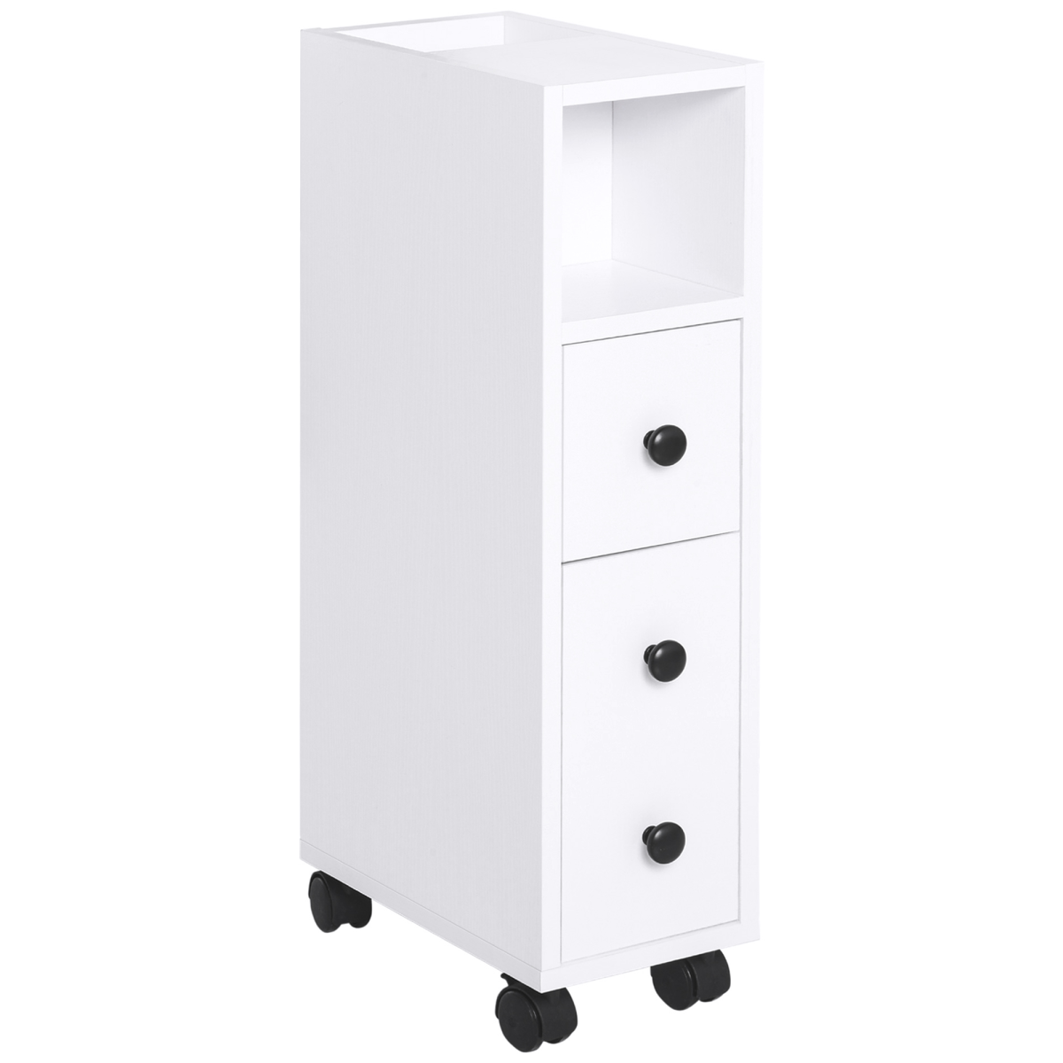 Slimline Bathroom Storage Unit with 2 Drawers 2 Open Compartments Wheels White