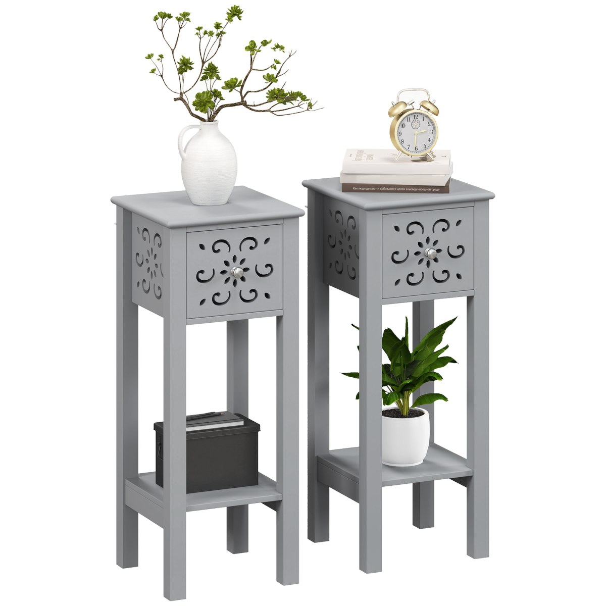 Elegant Floral Design Grey MDF Storage Unit Set