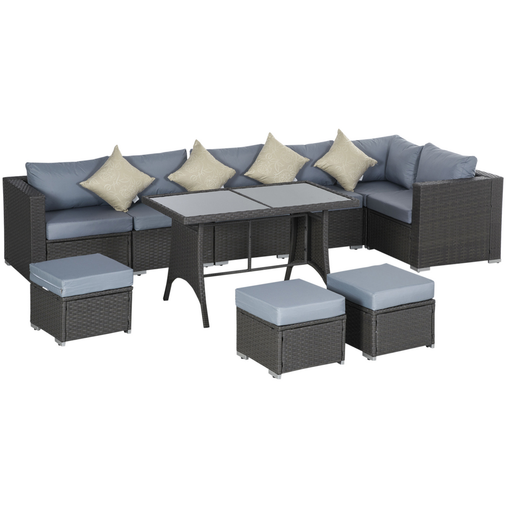 10 Pcs Rattan Sofa Set-Grey/Dusty Blue Cushion
