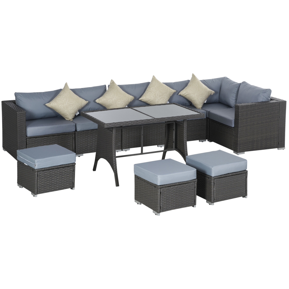 10 Pcs Rattan Sofa Set-Grey/Dusty Blue Cushion