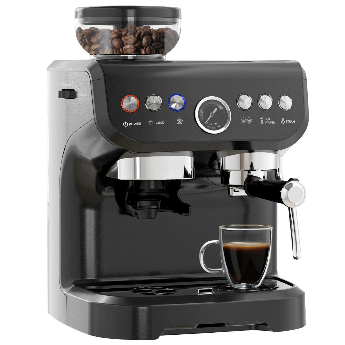 Espresso Coffee Machine with Integrated Bean Grinder & Steam Wand 15 Bar Pressure
