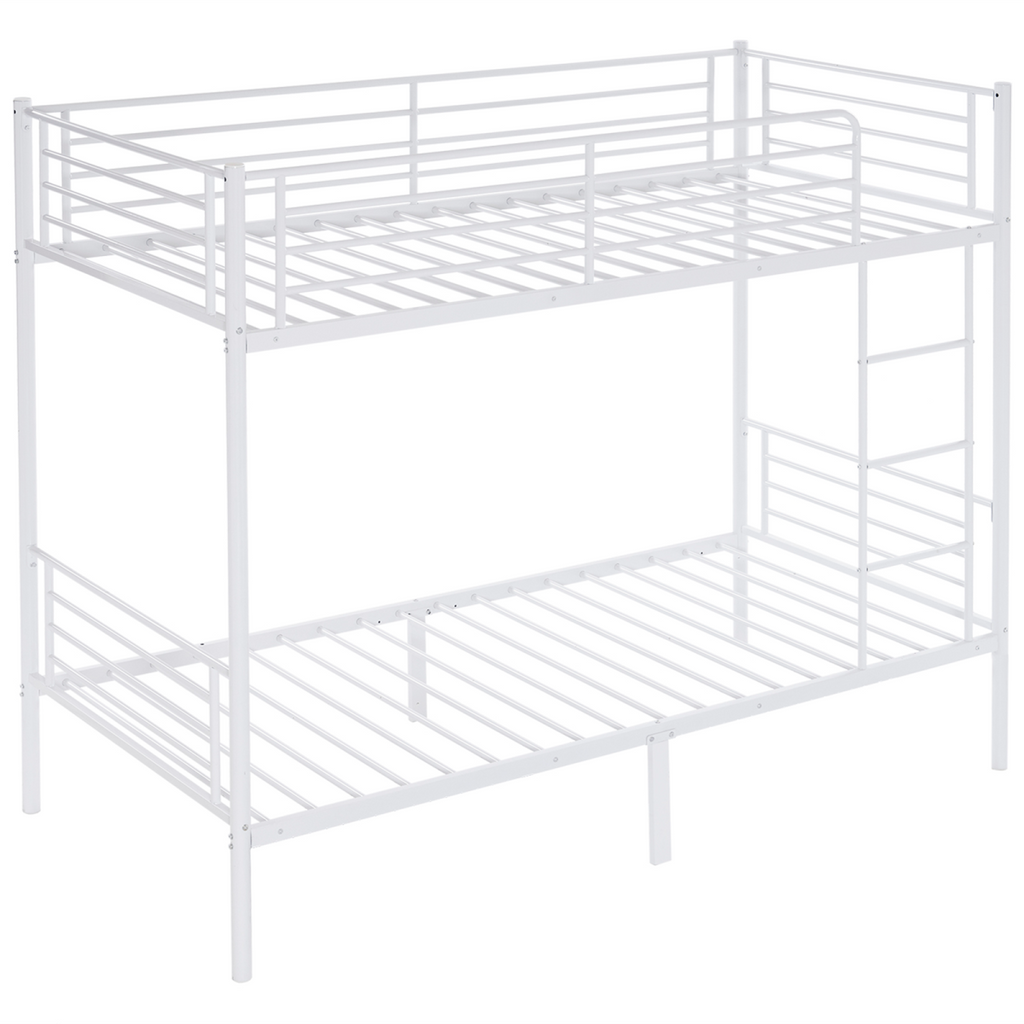 【Same Code：99091194】Twin Over Twin Bunk Bed for Kids Teens Adults, Heavy Duty Metal Bunk Bed with Ladder & Full-Length Guard Rail & Storage Space, White