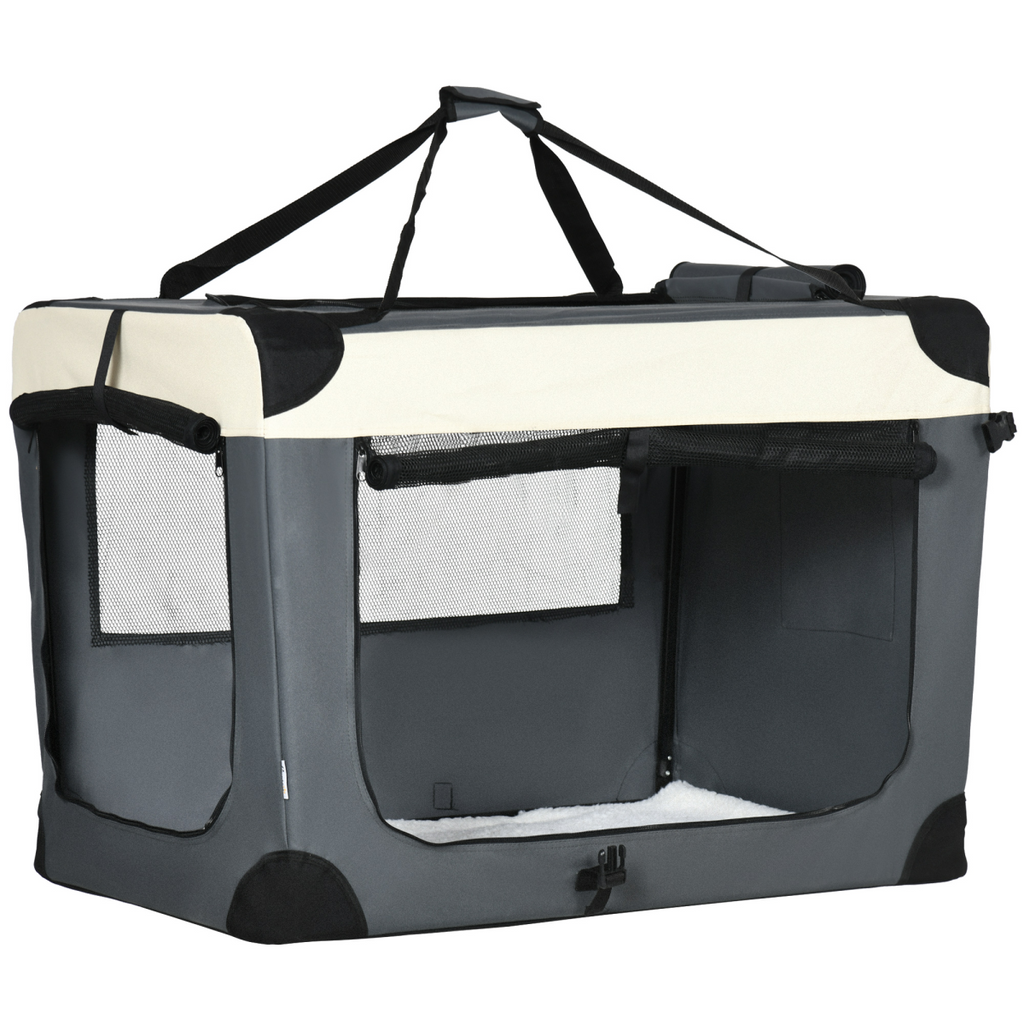 91cm Foldable Pet Carrier w/ Cushion, for Large Dogs and Cats - Grey Pawhut
